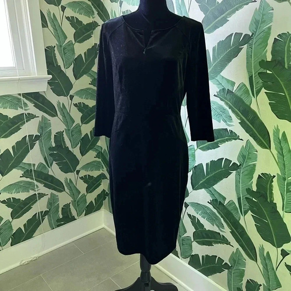 Black Velvet 3/4 Sleeve Shift Dress L Wedding Guest Party Cocktail - Picture 1 of 4